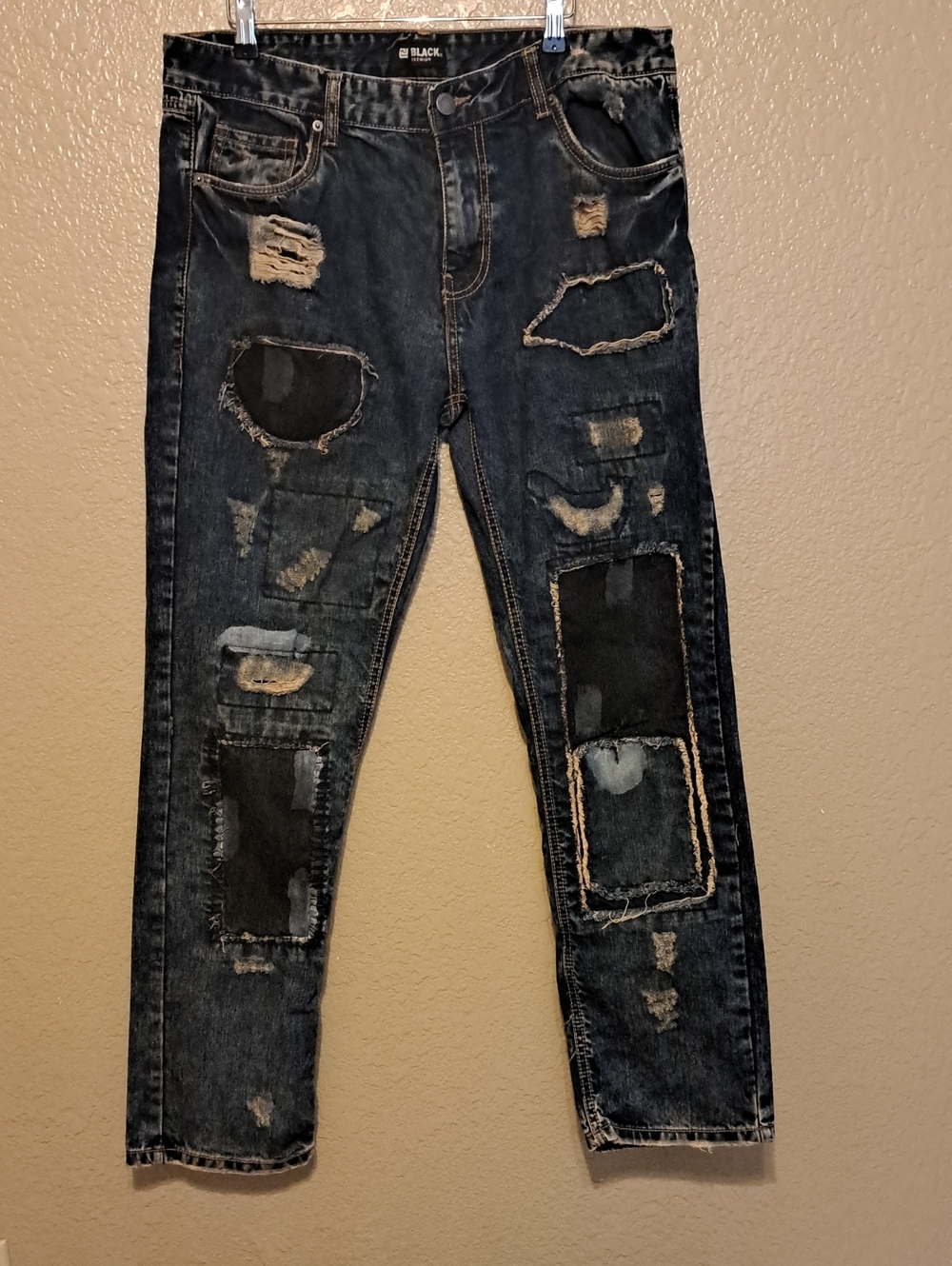 Black Premium Slim Straight Distressed Patchwork Jeans. Size 36.